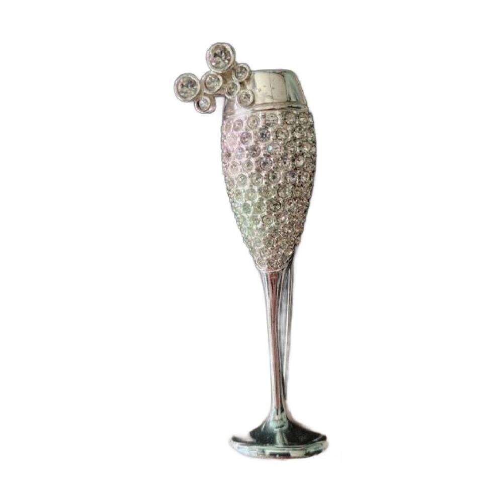 Vintage Carolee Silver Rhinestone Champagne Glass Flute Pin Brooch, 3" Tall